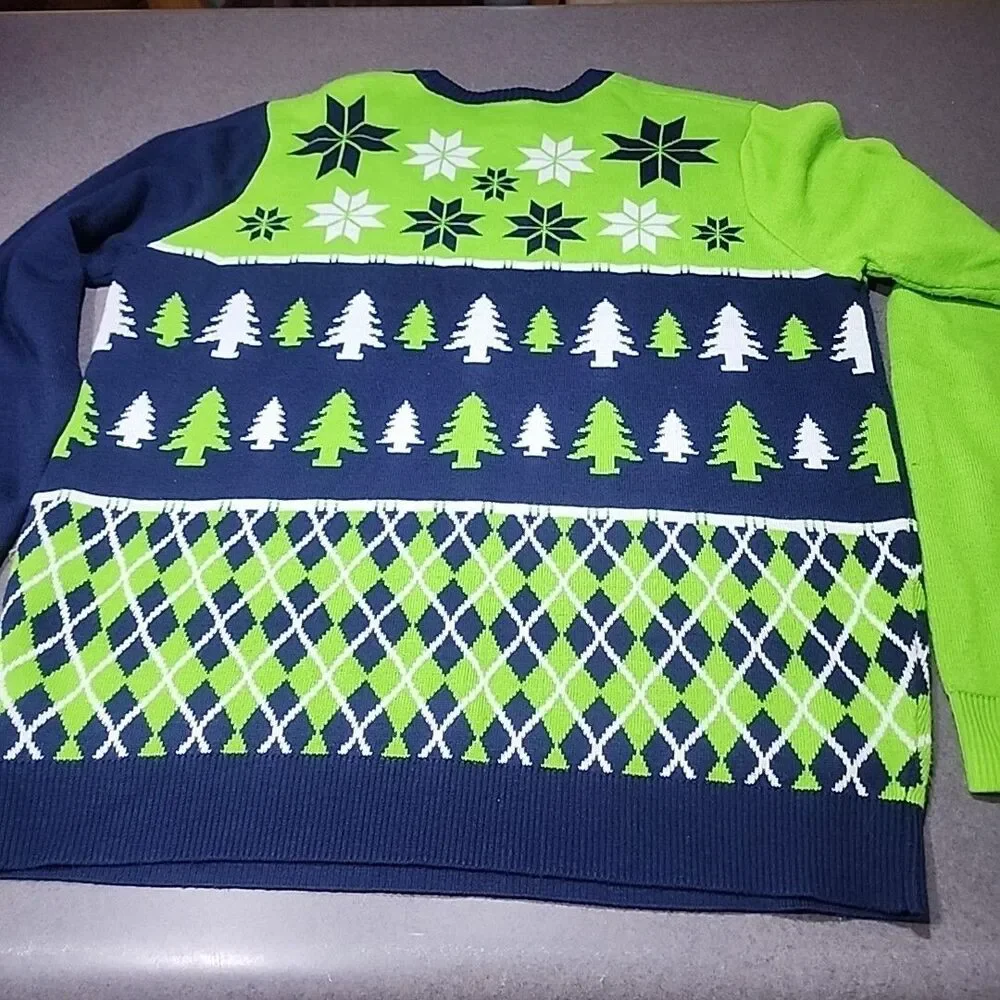 NFL Team Apparel Mens Medium Seattle Seahawks Lime Green Blue Christmas Sweater